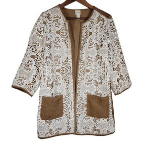 Vtg Chicos Cardigan Jacket Large Beige Embroidered Lacey Lace Grandma Pockets
